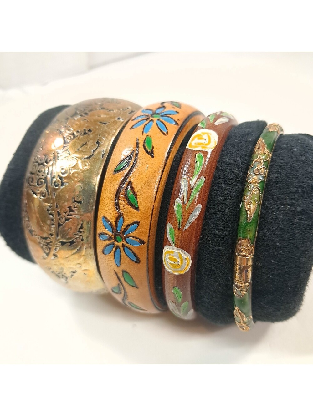 Bracelet Bangle Set 4 Green Cloisonne Wood Floral Silver Ivy Leaf blue daisy